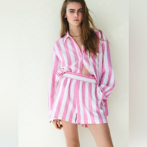 H&M Pants - Pink and White Striped linen shorts